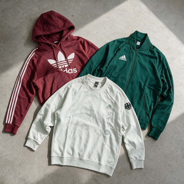 Adidas sweatshirts and jackets pack: green track jacket, burgundy Trefoil hoodie and grey sweatshirt